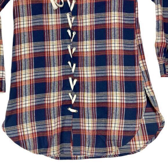 ENVME Long Tunic Flannel Dress Womens Sz Large Red Blue Plaid Lace Up NEW - Picture 3 of 14